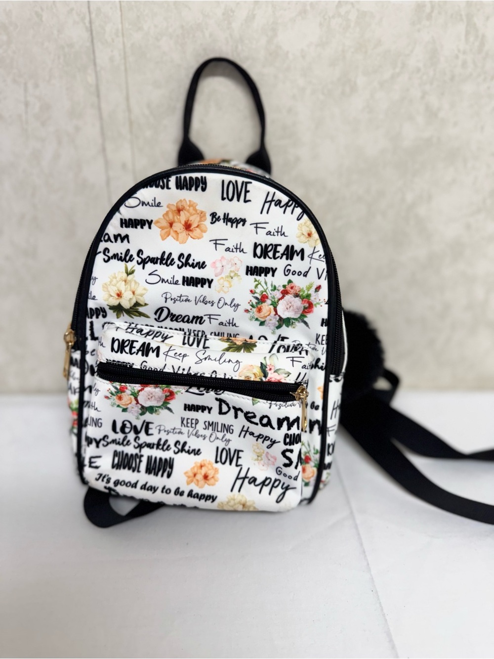 White Floral Script Mini Backpack with Gold Zippers